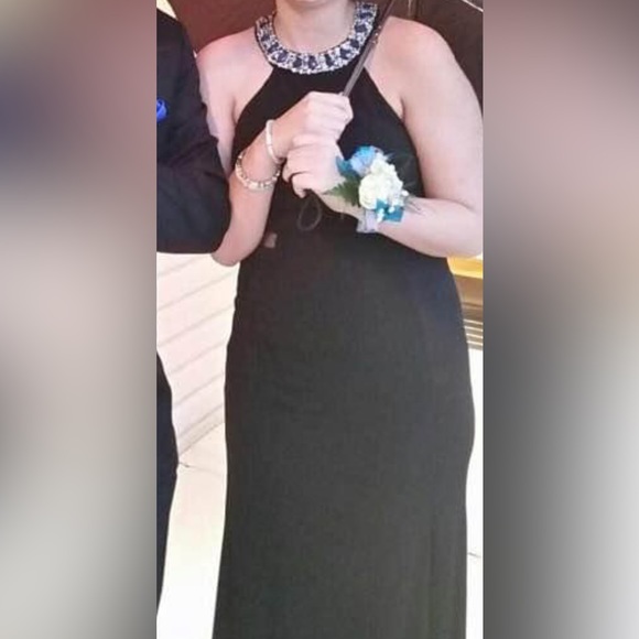 Beautiful black floor length gown with jeweled neckline and cut out sides - Picture 12 of 12